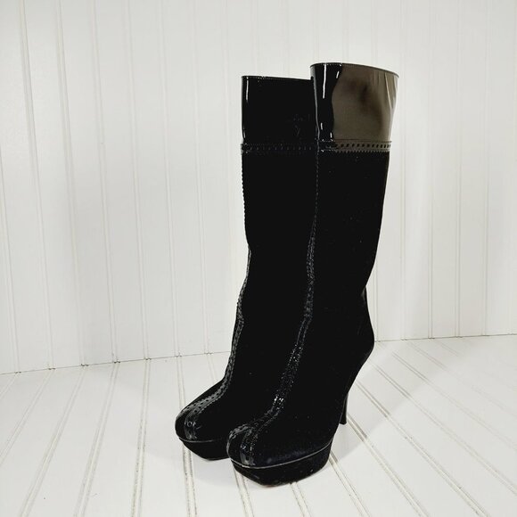 Yves Saint Laurent Black Leather Suede and Patent Slip On High Heel Boots I22 - Picture 2 of 12